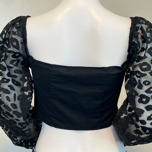 Women's Zara Contrasting Animal Print Organza Puff Sleeve Crop Top Black - Picture 9 of 13